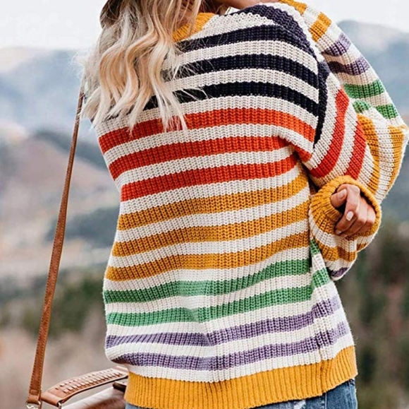 NEW Casual Rainbow Striped Color Block Warm Winter Sweater - Picture 7 of 10
